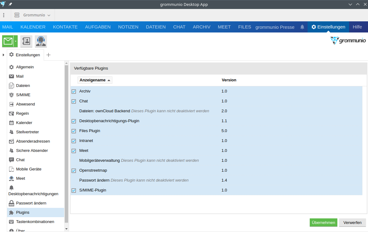 grommunio Desktop settings screenshot