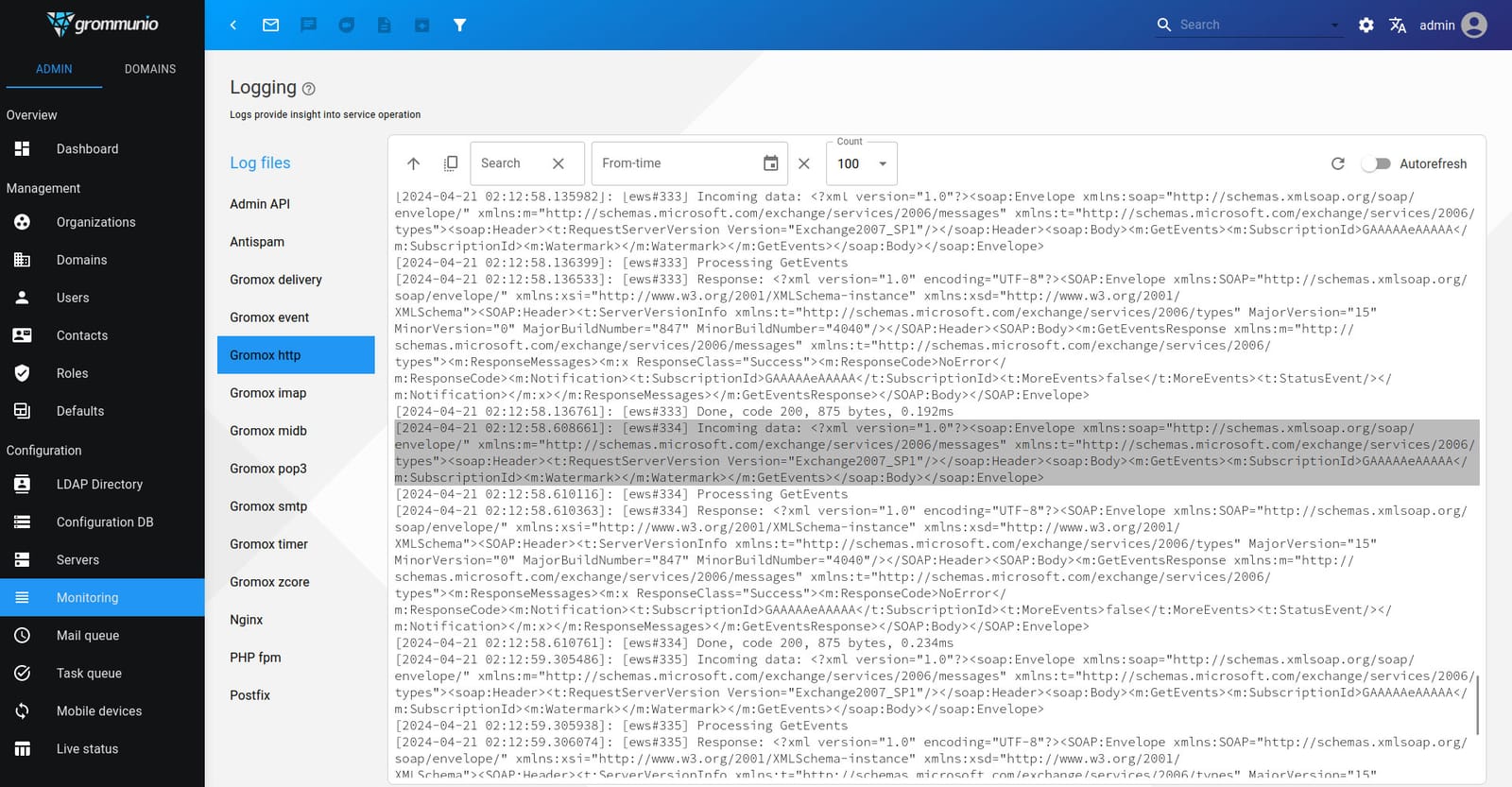 grommunio Exchange Web Services: grommunio-server-log